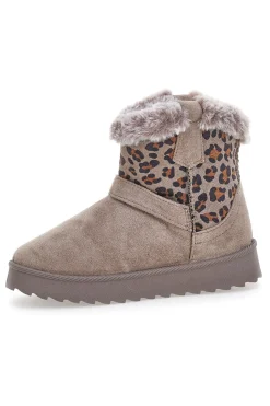 Taupefarbene Stiefeletten mit Animal-Print-Einsätzen und Fellfutter. Danke 1642