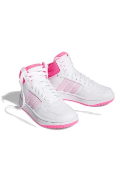 Weiße und rosa Sneaker mit Adidas Hoops 3.0 Mid K-Schnürsenkeln